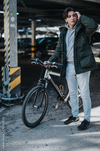 A contemporary man pausing after a bike ride in a city parking area, reflecting a lifestyle of fitness and urban commuting. © qunica.com
