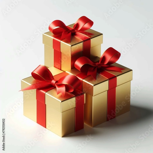 Stack of Golden Gift Boxes with Red Bows