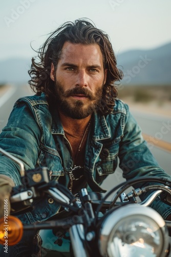 A man with long hair riding a motorcycle in a dynamic and energetic manner. © Vitalii But