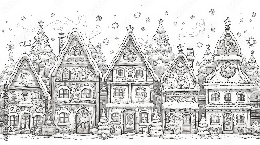 Capture the whimsical charm of a black and white gingerbread illustration designed for coloring perfect to evoke Christmas and holiday vibes