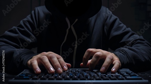 A person typing furiously on a keyboard scouring through posts and comments to identify any language or images associated with extremist ideologies. . photo