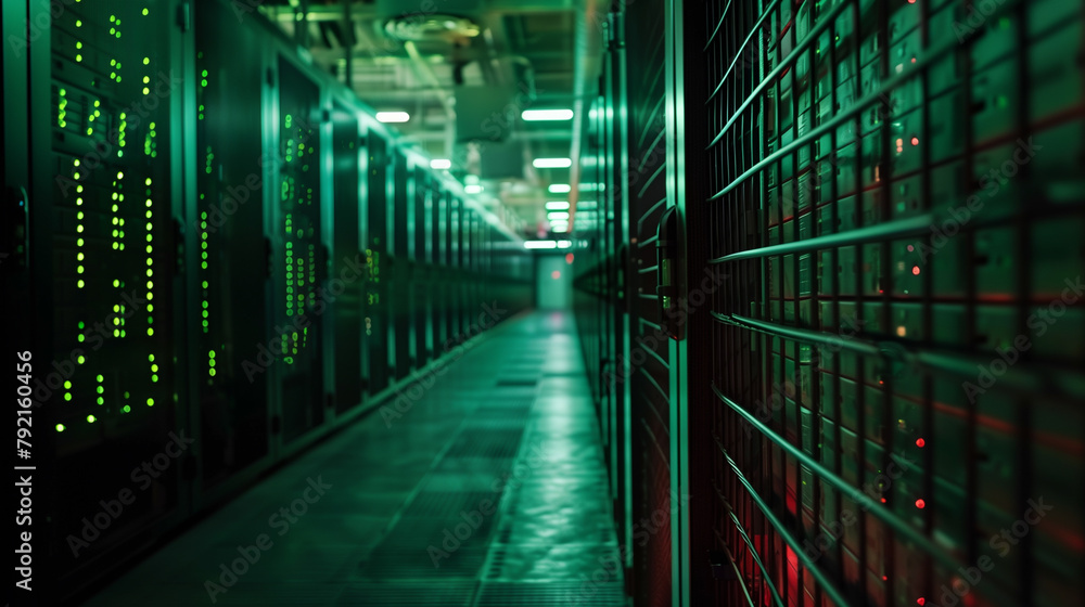 A long row of computer servers with green lights A long row of computer servers with green lights