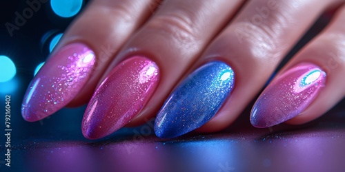 A womans delicate hand adorned with vibrant pink and soothing blue nail polish, showcasing a captivating spectrum of colors.