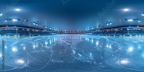 A grand ice rink illuminated with dazzling lights, resembling a mystical universe of frozen wonder.