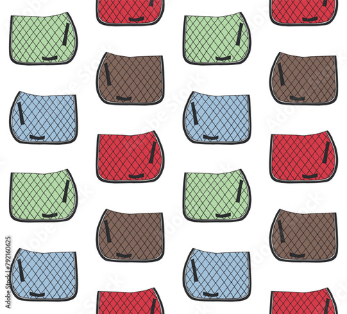 Vector seamless pattern of hand drawn doodle sketch colored horse equestrian saddle pad isolated on white background