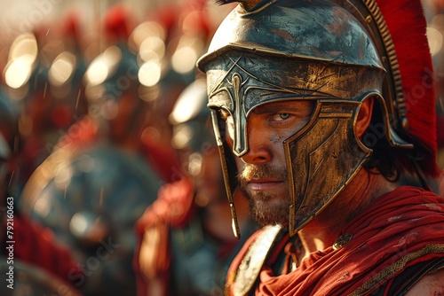 A close-up of King Leonidas wearing a helmet, embodying the strength and valor of ancient Spartan warriors.