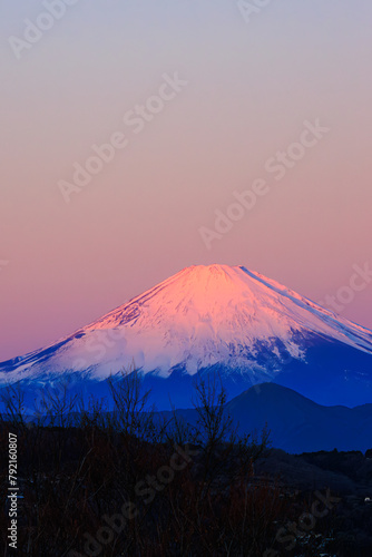 初日の出の朝焼けに赤く染まる美しい富士山（赤富士）。日本国神奈川県中郡二宮町、吾妻山公園にて。 2022年1月1日撮影。Beautiful Mt. Fuji that turns red in the morning glow of the new year's first sunrise (Akafuji).At Azumayama Park, Ninomiya-cho, Naka-