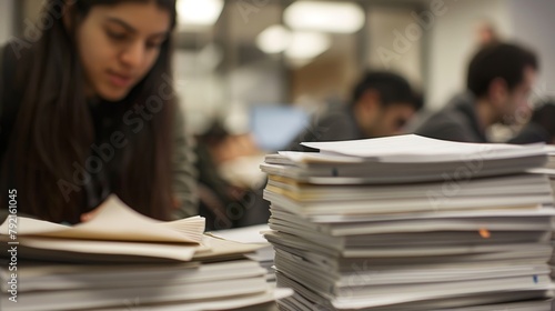 A team of ysts poring over stacks of documents and reports looking for patterns and insights into political agendas and power dynamics. . photo