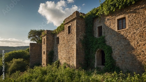 Sunlight illuminates ancient stone building, casting golden hue on scene. Building, overgrown with green ivy, stands amidst lush landscape. Various stages of decay evident, with some windows intact. photo