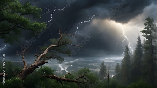 "A dramatic photorealistic scene depicting a powerful hurricane sweeping through a dense forest, with trees bending and swaying under the force of the wind. The sky is dark and ominous, filled with sw