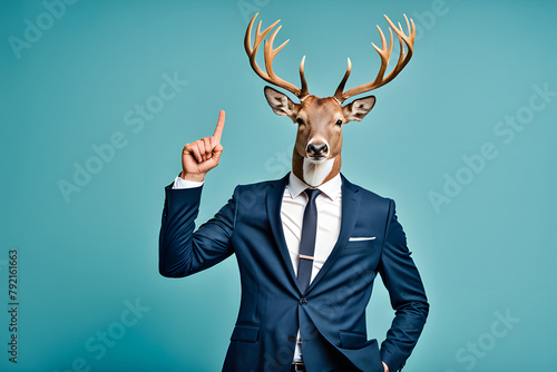 Anthropomorphic friendly deer wearing suit formal ,business suit against blue backdrop