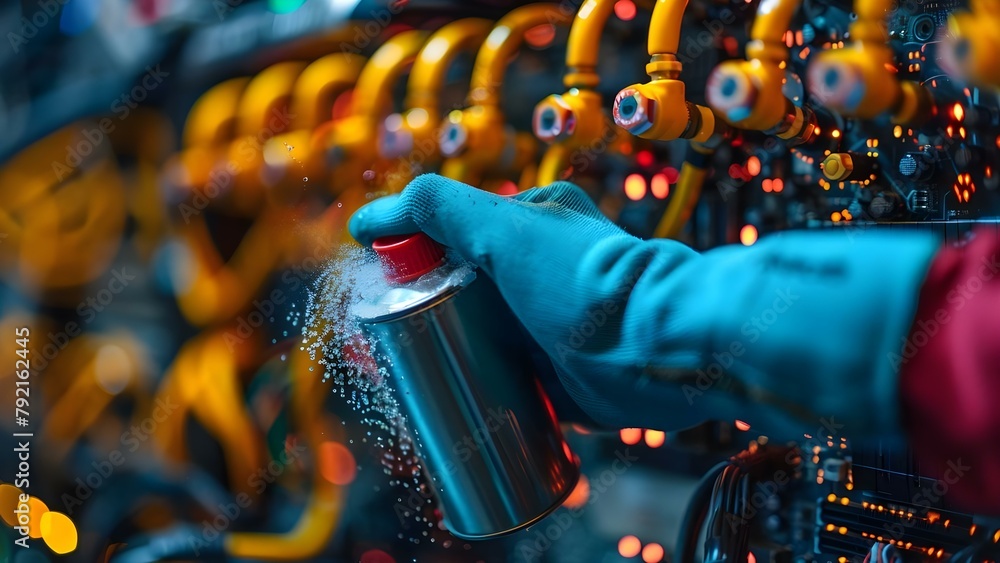 Hand holding can of compressed air cleaning inside of computer during maintenance. Concept Computer Maintenance, Cleaning Technology, Dust Removal, Tech Equipment, DIY Electronics