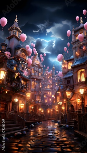 Old town in the night with full moon, clouds and pink balloons