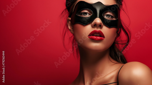 Mulher usando mascara preta no fundo vermelho
