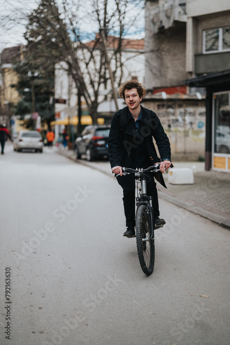 Casual young businessman with curly hair cycling on an urban road, showcasing eco-friendly commute in style.