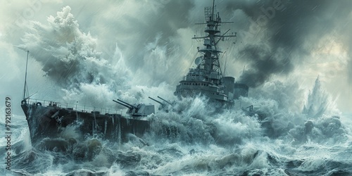 A dynamic painting portraying a majestic ship sailing through rough waters amidst a storm, with dramatic skies and towering waves.
