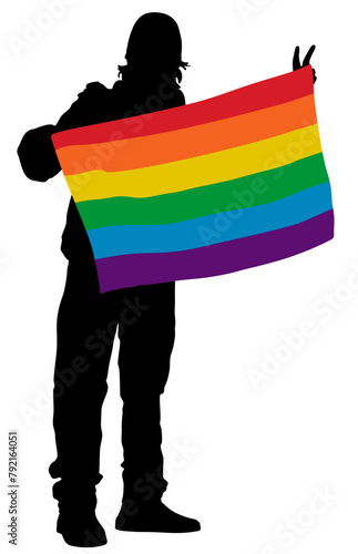  Silhouette non-binary person holding rainbow flag