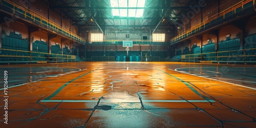 An empty basketball court under a skylight, casting natural light onto the courts surface.
