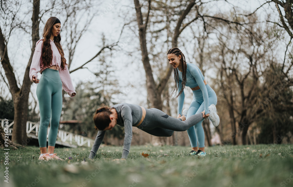Naklejka premium Two athletic women engage in a fitness routine in a serene park setting, demonstrating strength and flexibility.