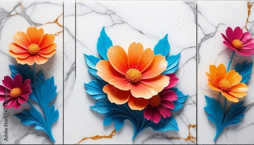 Panel wall art marble Vivid Floral Triptych 3D Art on Marble Background  wall decoration created with generative ai © Chaudhry