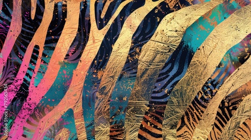 An enchanting illustration featuring a captivating rainbow iridescent panorama is enhanced by the striking beauty of zebra skin with its distinctive spotted pattern reminiscent of a sapphir photo