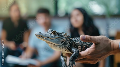 Person holds small alligator in focus with blurred people background