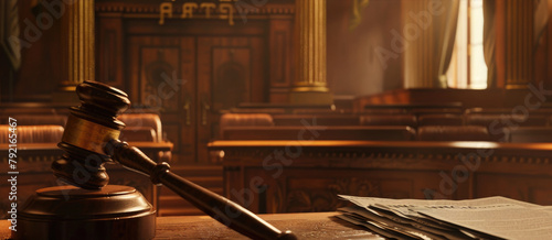 Gavel on desk inside courtroom, legal concept
