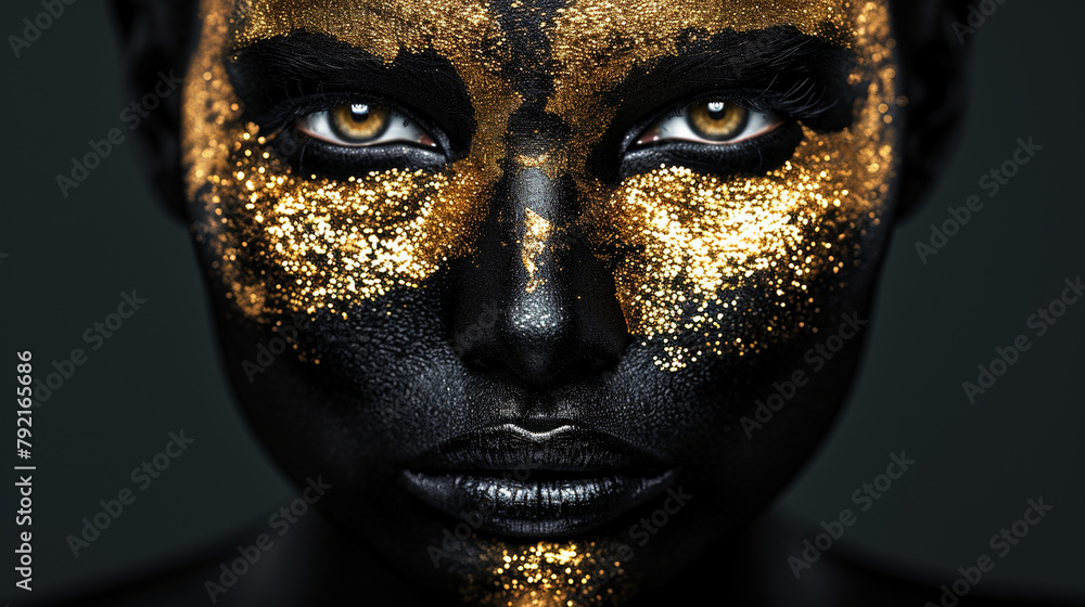 close up of a face with black and gold makeup