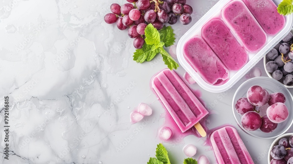 Homemade grape popsicles with fresh grapes and mint on marble surface Homemade grape popsicles with fresh grapes and mint on marble surface