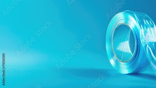 Roll of clear adhesive tape with reflection on blue background photo