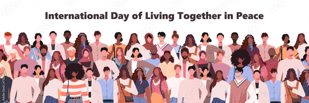 A group of young modern people celebrate the International Day of Living Together in Peace. World altruistic holiday event banner. Flat vector illustration isolated on white background. A group of young modern people celebrate the International Day of Living Together in Peace. World altruistic holiday event banner. Flat vector illustration isolated on white background.