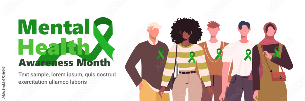 Mental health awareness month observed each year during May. Young people of stand side by side together with a green ribbons. Health awareness vector template for banner, card, poster, background.