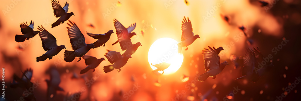 Silhouette of birds flying at dusk .
