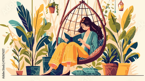 Relaxed domestic girl sitting in comfy hanging chai