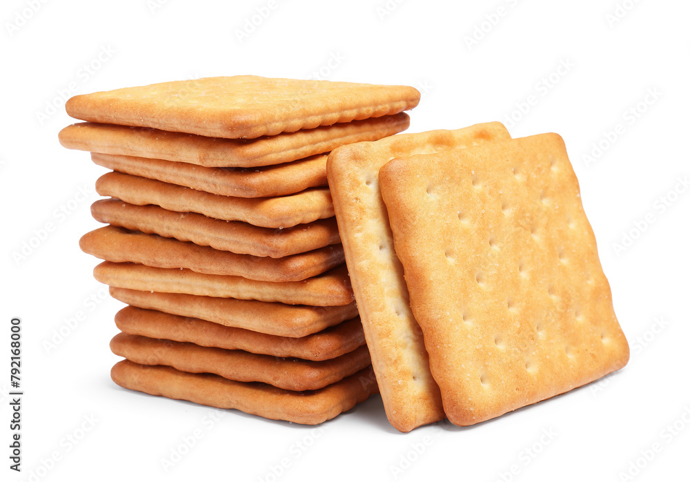Tasty crispy square crackers isolated on white Tasty crispy square crackers isolated on white