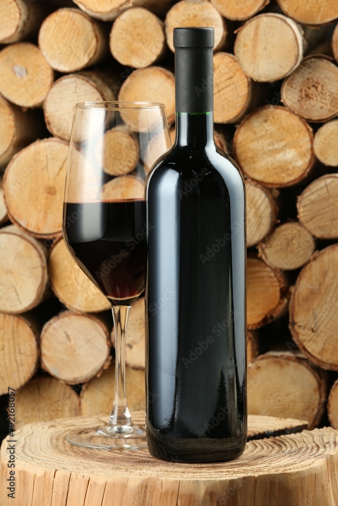 Naklejka premium Stylish presentation of red wine in bottle and wineglass near wooden logs