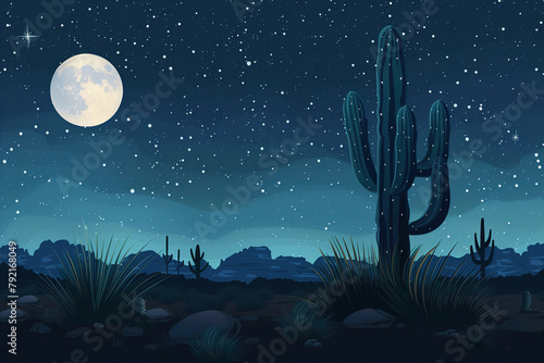 Starry illustration night over desert with cactus and moon