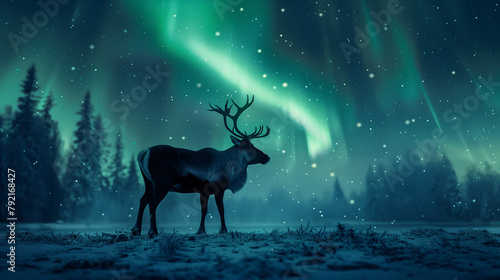 Solitary Reindeer Illuminated by the Mesmerizing Aurora in the Arctic Forest