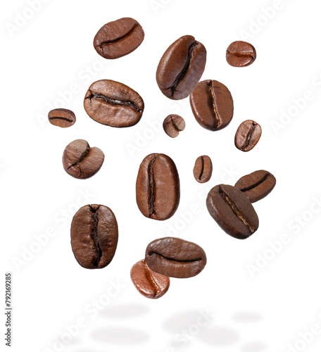 Roasted coffee beans falling on white background