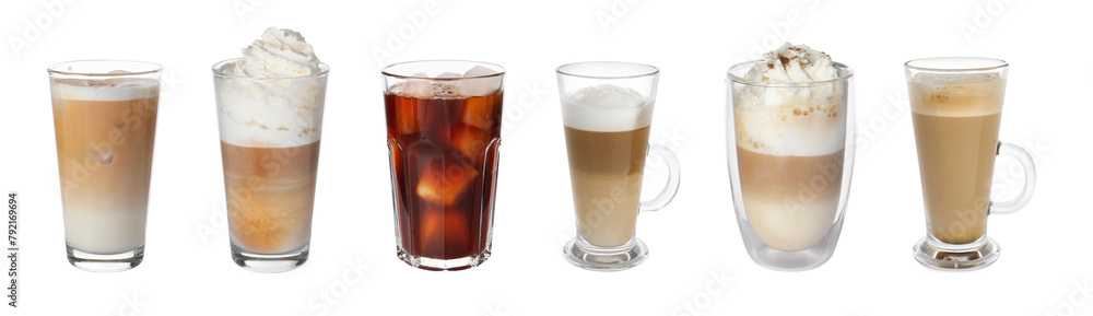 Set of different coffee drinks drinks in cups and glasses on white background Set of different coffee drinks drinks in cups and glasses on white background