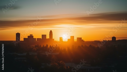 Denver s cityscape gleams in golden hues at sunset. Towering silhouettes punctuate the sky  while trees mirror their glow on buildings.