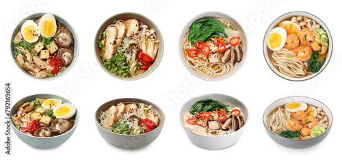 Set with bowls of delicious ramen with different ingredients isolated on white, top and side views. Noodle soup