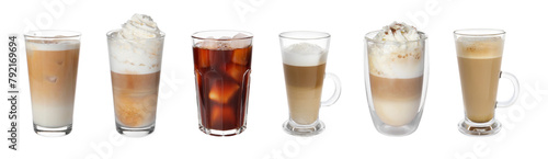Set of different coffee drinks drinks in cups and glasses on white background