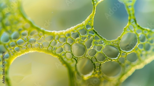 The intricate network of branching filaments within a single algae cell resembling a finely crafted lacework of translucent material.