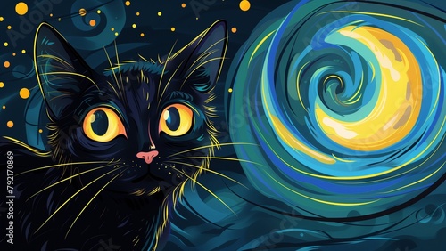 surrealism of a black cat with large, striking yellow eyes © CNISAK