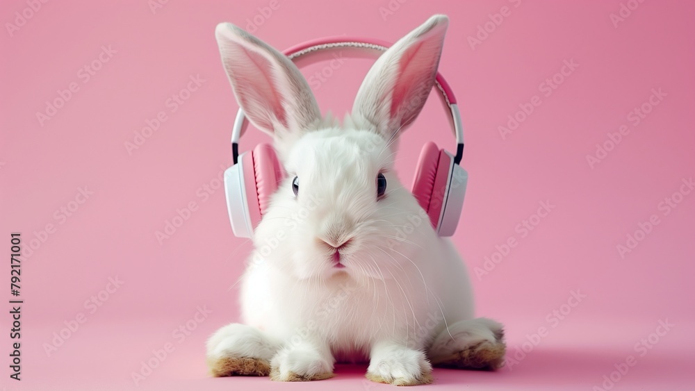 Fototapeta premium white rabbit on pink background wearing headphone. an adorable white bunny wearing a pair of headphones. 