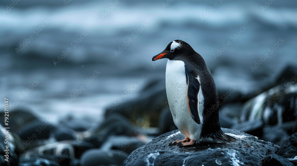 Naklejka premium Penguin on Rocks, Watchful Gaze