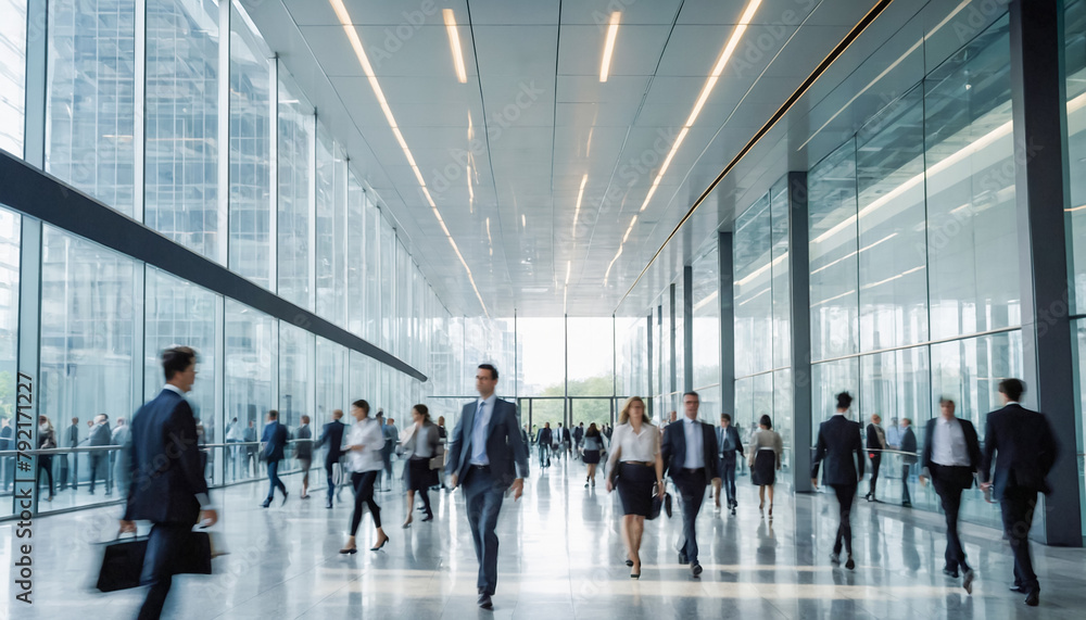A modern office lobby with glass walls and floors is filled with blurred businesspeople walking by, creating a sense of corporate hustle and bustle.