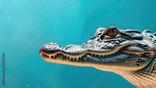 Close-up of alligator emerging from water with detail on its scales and eyes