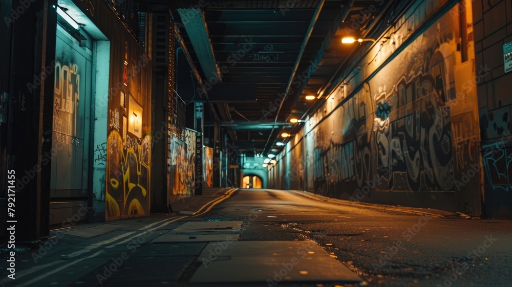 Urban alley at night with graffiti and dim lighting